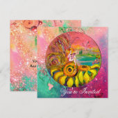 Invitation FÉE DES TOURNESOLS jaune vert rose scintille (Devant / Derrière)