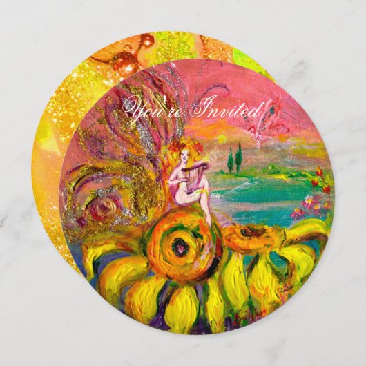 Invitation FÉE DU TOURNESOL jaune orange rose scintillant (Devant / Derrière)