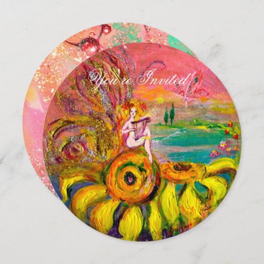 Invitation FÉE DU TOURNESOL jaune rose fuchsia scintillant (Devant / Derrière)