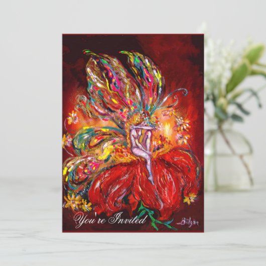 Invitation FÉE EN ROUGE jaune vert (Debout devant)