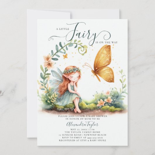 Invitation Fée Enchantée Emerald Or mignon bébé fille douche (Devant)