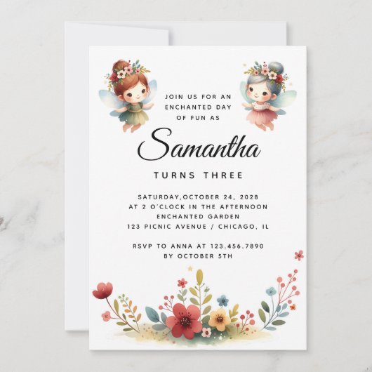 Invitation Fée enchantée Jardin Fille fête d'anniversaire (Devant)
