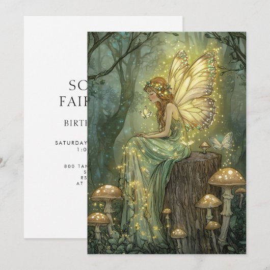 Invitation Fée Enchantée Premier Anniversaire Forêt Champigno (Devant / Derrière)