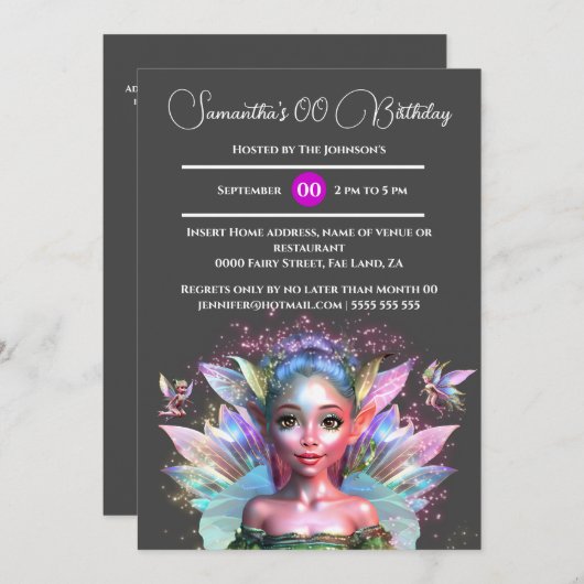 Invitation Fée enchantée princesse ailes iridescentes doux 16 (Devant / Derrière)