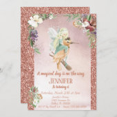 Invitation Fée Enchantée sur Oiseau Rose Or Beau (Devant / Derrière)