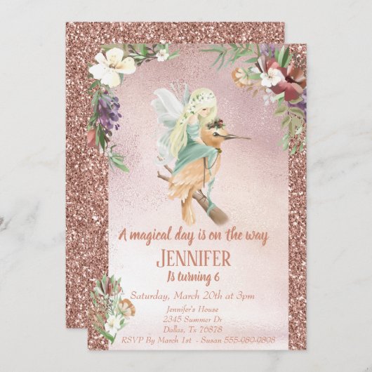 Invitation Fée Enchantée sur Oiseau Rose Or Beau (Devant / Derrière)