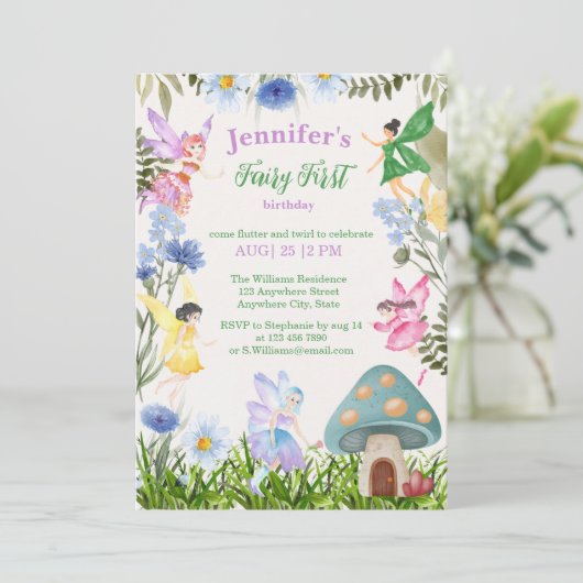 Invitation Fée Fée Fée Premier anniversaire Fées et Fleurs (Debout devant)