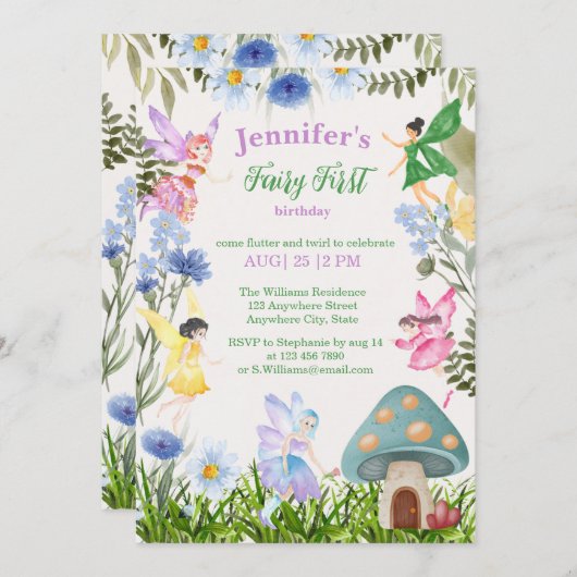 Invitation Fée Fée Fée Premier anniversaire Fées et Fleurs (Devant / Derrière)