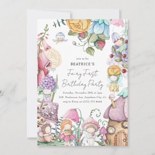 Invitation Fée Fées Fées Florales Première Fille 1er annivers (Devant)