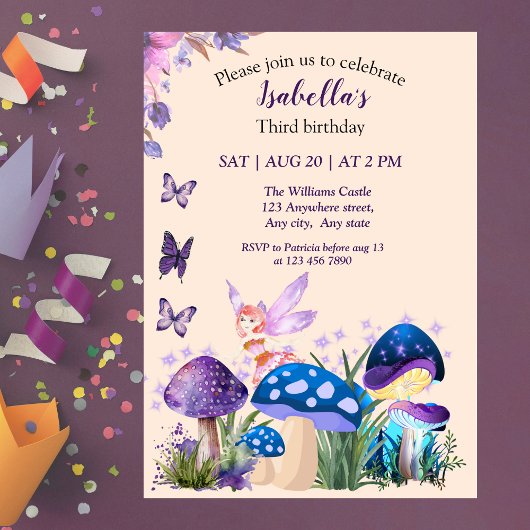 Invitation Fée Fille Champignon Violet Papillon Anniversaire