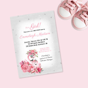 Invitation Fée Flamant Rose Aquarelle Baby Shower Argenté