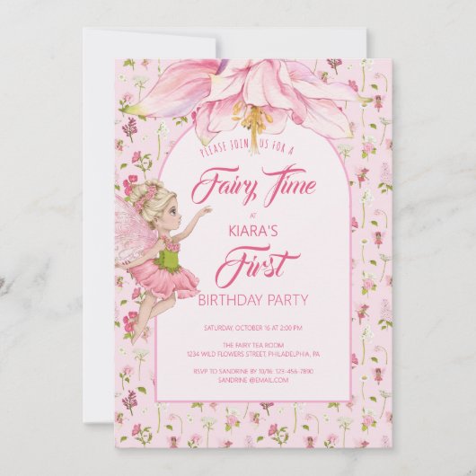 Invitation Fée Fleur Aquarelle Fille Anniversaire (Devant)