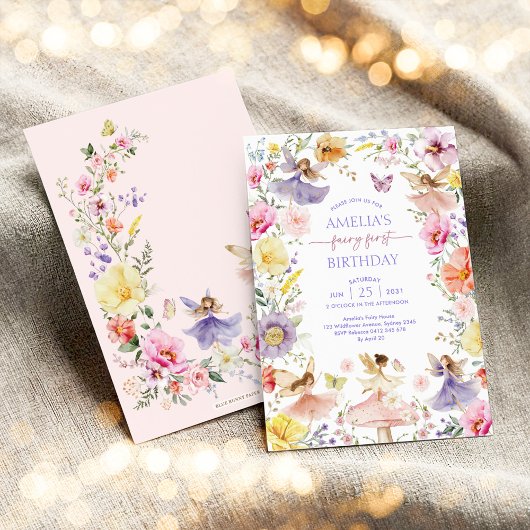 Invitation Fée Fleur sauvage colorée Premier anniversaire fêt