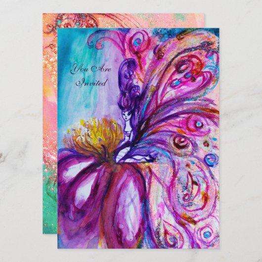 INVITATION FÉE FLEUR WHIMSICALE MIGNONNE EN ROSE, ÉCLATS D'OR (Devant / Derrière)