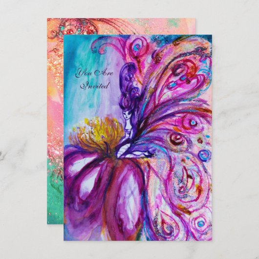 INVITATION FÉE FLEUR WHIMSICALE MIGNONNE EN ROSE, ÉCLATS D'OR (Devant / Derrière)