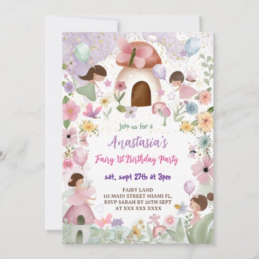 Invitation Fée Florale Fille 1er Anniversaire (Devant)