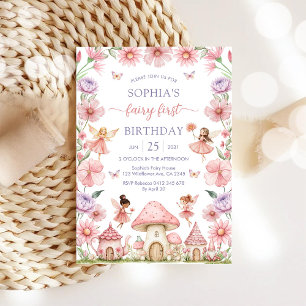 Invitation Fée Florale Fille Rose Premier 1er Anniversaire