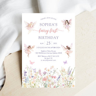 Invitation Fée Florale Fille Rose Premier 1er Anniversaire