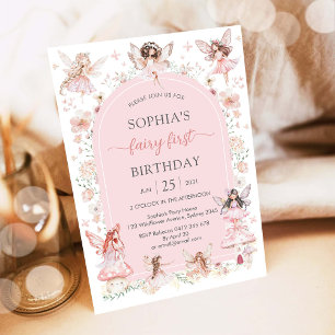 Invitation Fée Florale Fille Rose Premier 1er Anniversaire