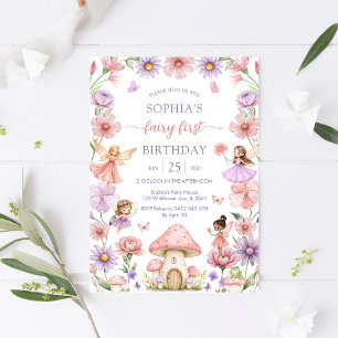 Invitation Fée Florale Fille Rose Premier 1er Anniversaire