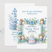 Invitation Fée florale pastel bleu pour premier anniversaire (Devant / Derrière)