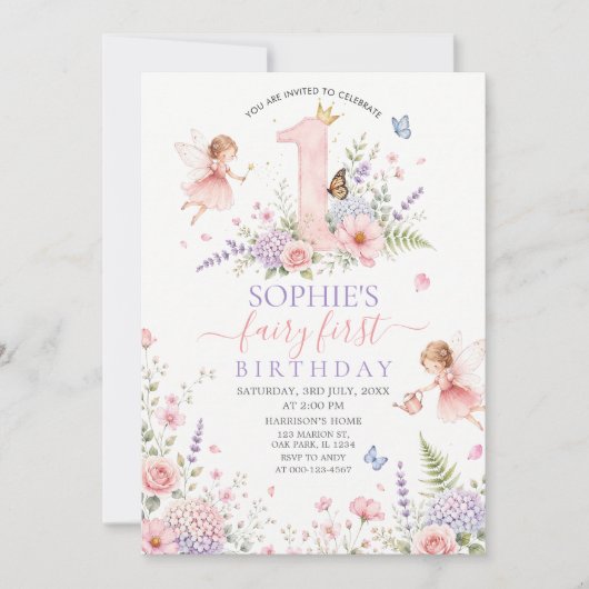 Invitation Fée florale rose premier anniversaire (Devant)