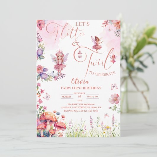 Invitation fée flutter et twirl premier anniversaire (Debout devant)