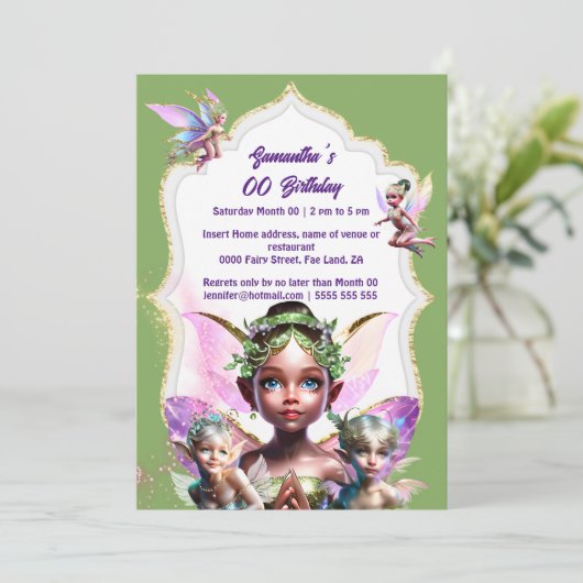 Invitation Fée imaginaire whimsical pixie princess vert girly (Debout devant)