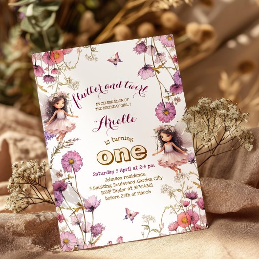 Invitation Fée lavande fleur sauvage Pixie 1er anniversaire