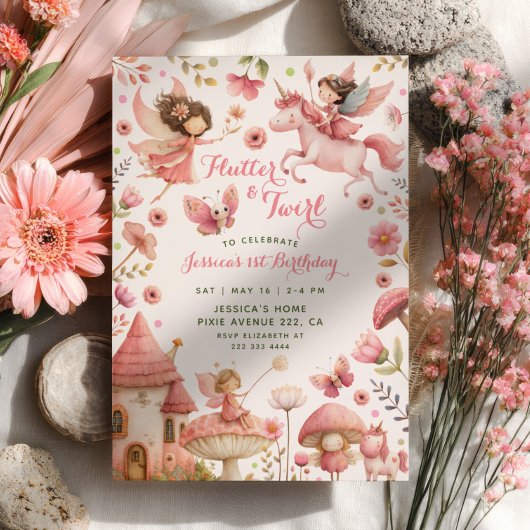 Invitation Fée Licorne Flutter & Twirl pour 1er Anniversaire