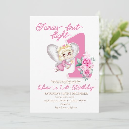 Invitation Fée magique 1er anniversaire mignonne rose Premier (Debout devant)