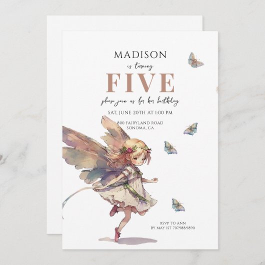 Invitation Fée magique 5e anniversaire (Devant / Derrière)