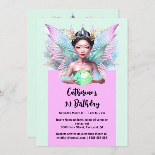 Invitation Fée magique chinoise princesse en verre girly (Devant / Derrière)