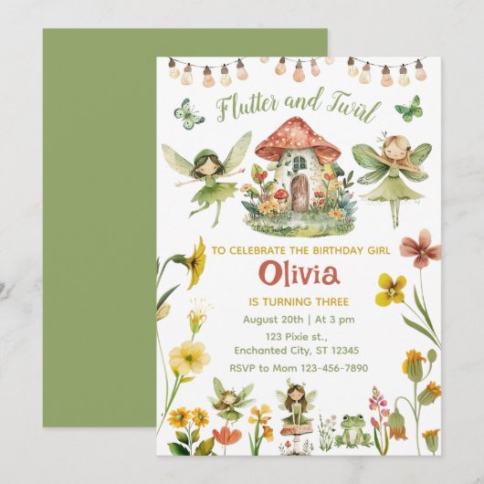 Invitation Fée magique Enchanted Forest Girl Anniversaire (Devant / Derrière)