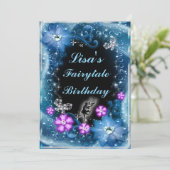 Invitation Fée Magique Et Papillons Bleu Floral Anniversaire (Debout devant)
