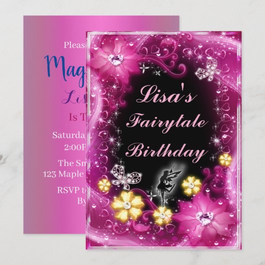 Invitation Fée Magique Et Papillons Rose Floral Anniversaire (Devant / Derrière)