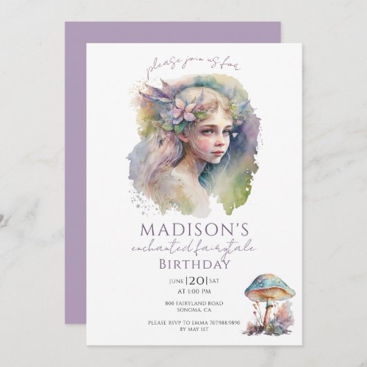 Invitation Fée magique Pixie fête d'anniversaire (Devant / Derrière)