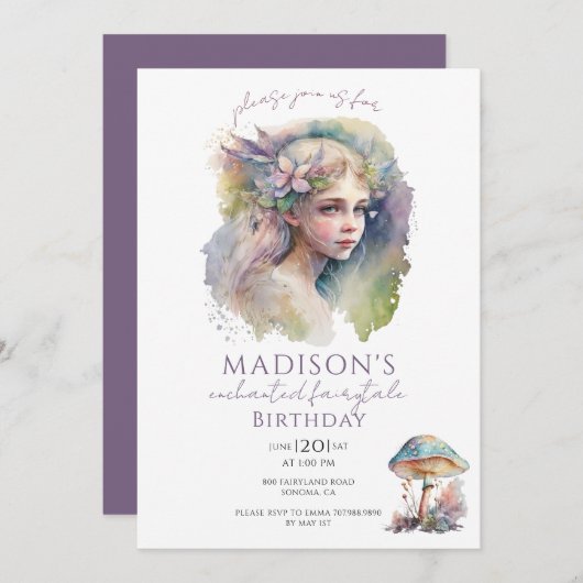 Invitation Fée magique Pixie fête d'anniversaire (Devant / Derrière)