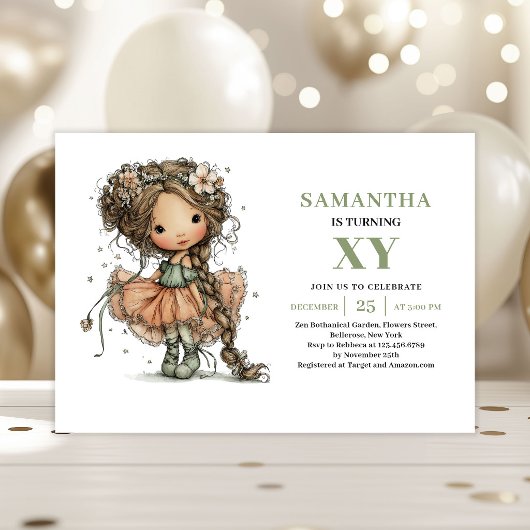 Invitation Fée Mignonne Anniversaire Floral Sage