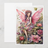 Invitation Fée mignonne dans la prairie rose de fleurs Invita (Devant / Derrière)