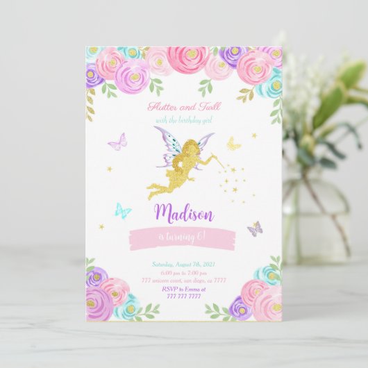 Invitation Fée modifiable fête d'anniversaire (Debout devant)