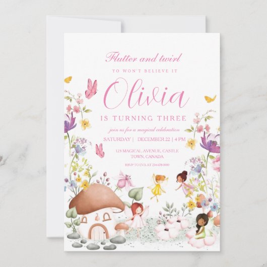 Invitation Fée Papillon Jardin Pixie Filles Fleurs (Devant)