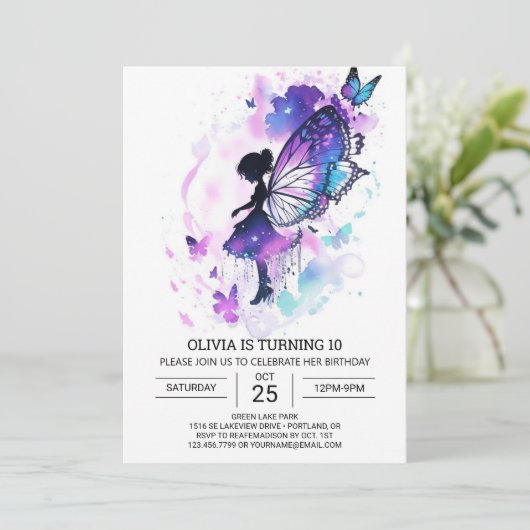 Invitation Fée papillon personnalisé Anniversaire (Debout devant)