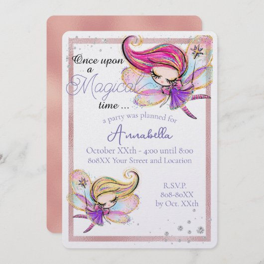 Invitation Fée Parties scintillant mignonne (Devant / Derrière)