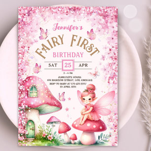 Invitation Fée Premier Anniversaire Champignon Forêt Enchanté