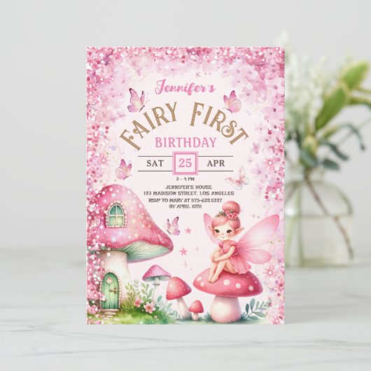 Invitation Fée Premier Anniversaire Champignons Forêt Enchant (Debout devant)