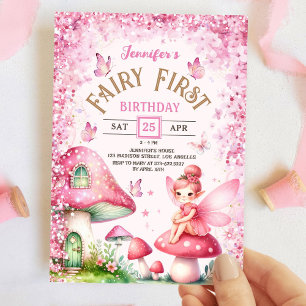 Invitation Fée premier anniversaire fille 1er Fée Forêt Rose