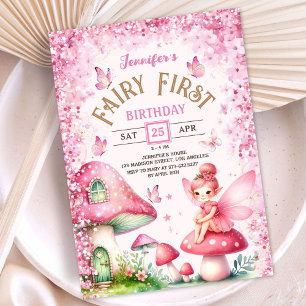 Invitation Fée Premier Anniversaire Filles Rose Forêt Enchant