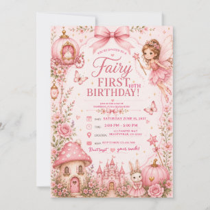 Invitation fée premier anniversaire rose