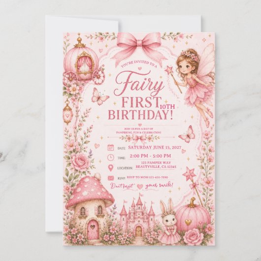 Invitation fée premier anniversaire rose (Devant)